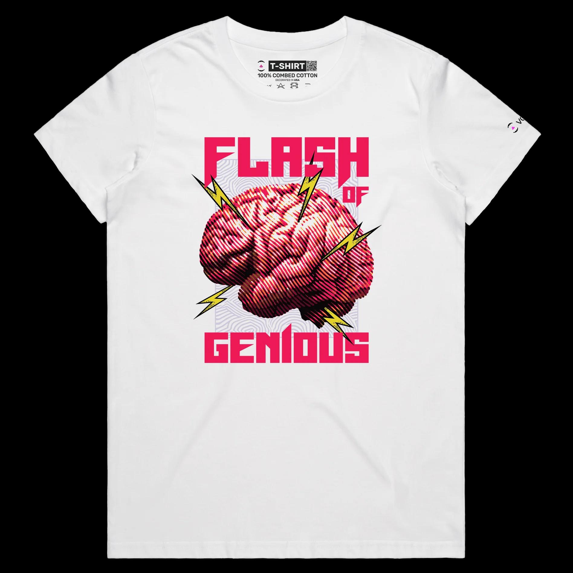 VOICEART White Female Regular Flash of Genius T-Shirt Premium Quality Graphic Clever Design Inspirational Lightbulb Moment