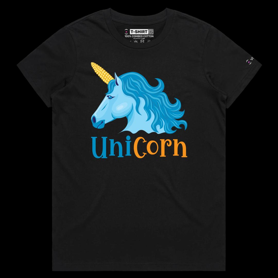 VOICEART Black Female Regular Unicorn Animals T-shirt Premium Quality Graphic Design Mythical Horse with a Corn Wordplay Tee