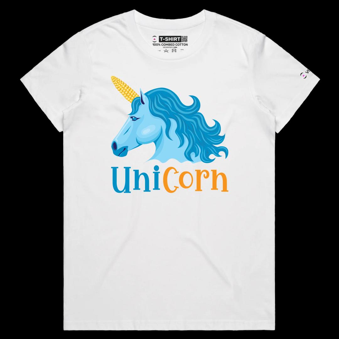 VOICEART White Female Regular Unicorn Animals T-shirt Premium Quality Graphic Design Mythical Horse with a Corn Wordplay Tee