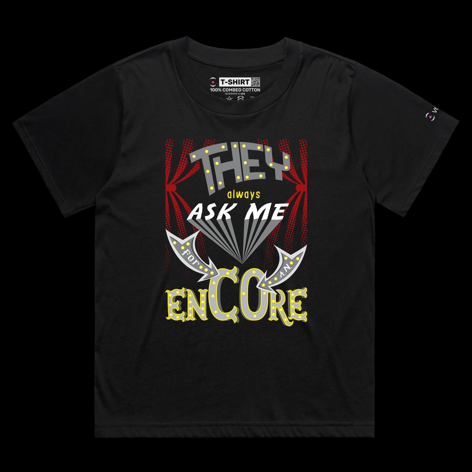 VOICEART Black Female Loose Encore Ovation Funny T-Shirt with Premium Quality Graphic Design Broadway Drama Tee