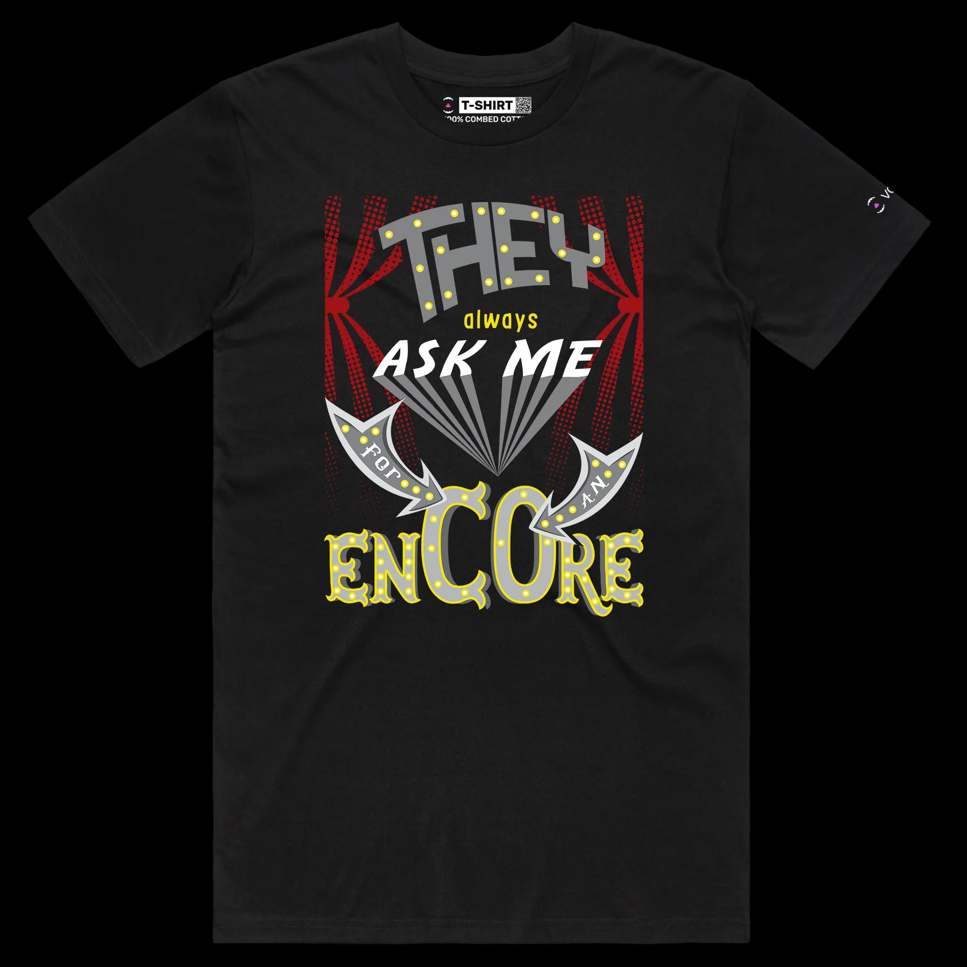 VOICEART Black Male Regular Encore Ovation Funny T-Shirt with Premium Quality Graphic Design Broadway Drama Tee