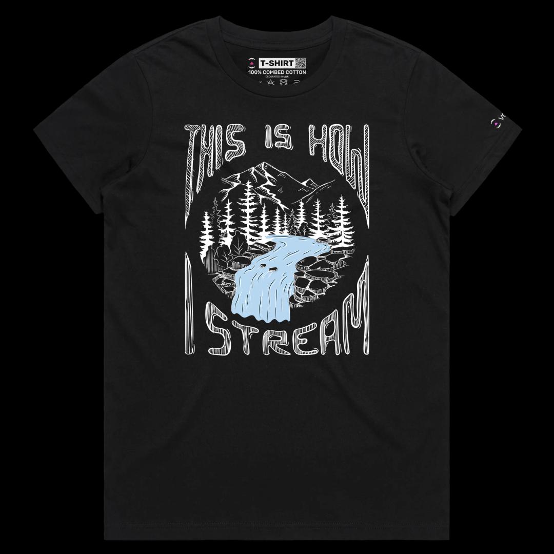 VOICEART Black Female Regular River Stream Funny T-Shirt Premium Graphic Design IT Broadband Wordplay Tee for Nature Lovers