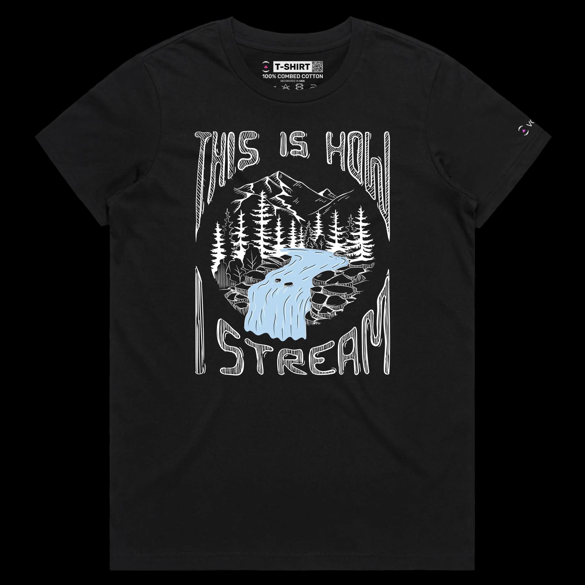 VOICEART Black Female Regular River Stream Funny T-Shirt Premium Graphic Design IT Broadband Wordplay Tee for Nature Lovers