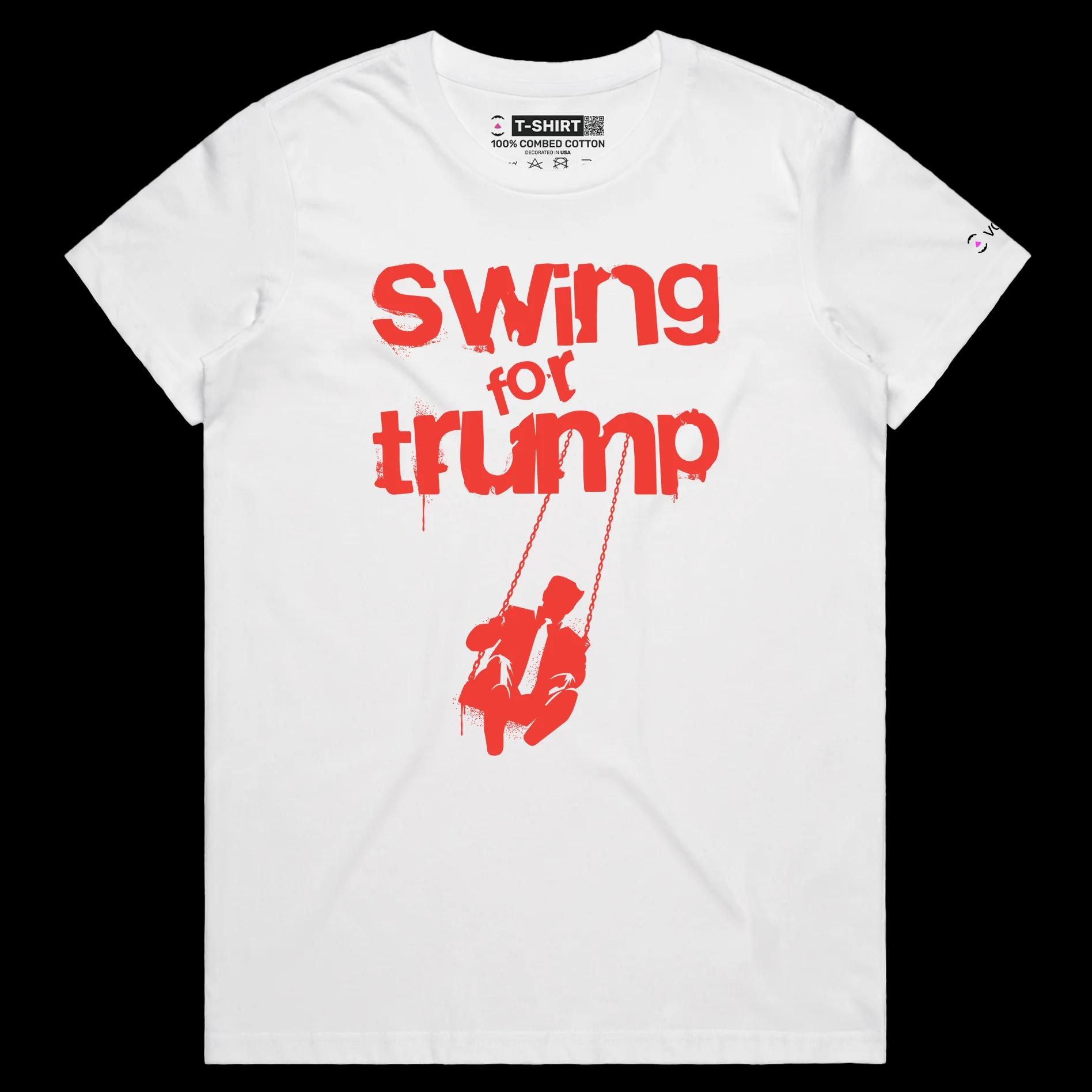 VOICEART White Female Regular Funny President Trump on a Swing Political shirt Premium Quality Funny Wordplay Design Tee