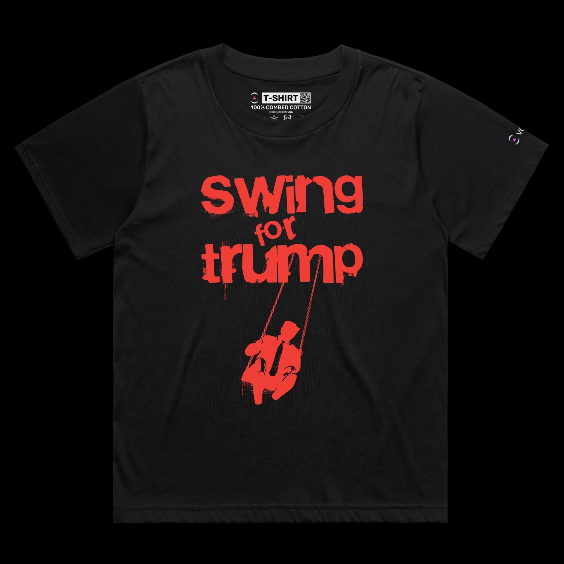 VOICEART Black Female Loose Funny President Trump on a Swing Political shirt Premium Quality Funny Wordplay Design Tee