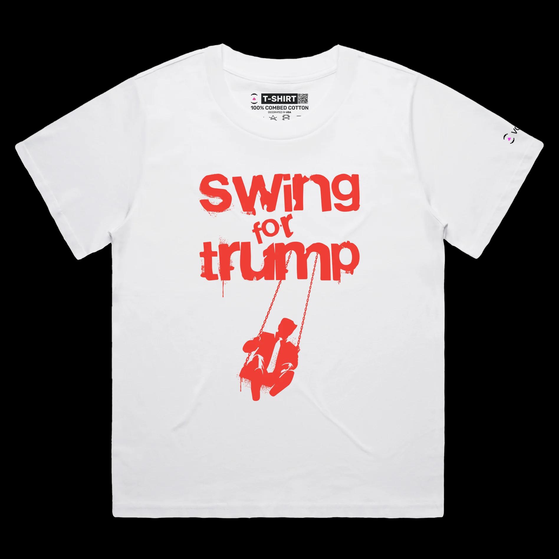 VOICEART White Female Loose Funny President Trump on a Swing Political shirt Premium Quality Funny Wordplay Design Tee