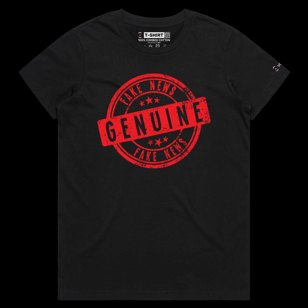 VOICEART Black Female Regular Genuine Fake News Stamp Funny shirt Premium Quality Design Social Media Issues Wordplay Tee