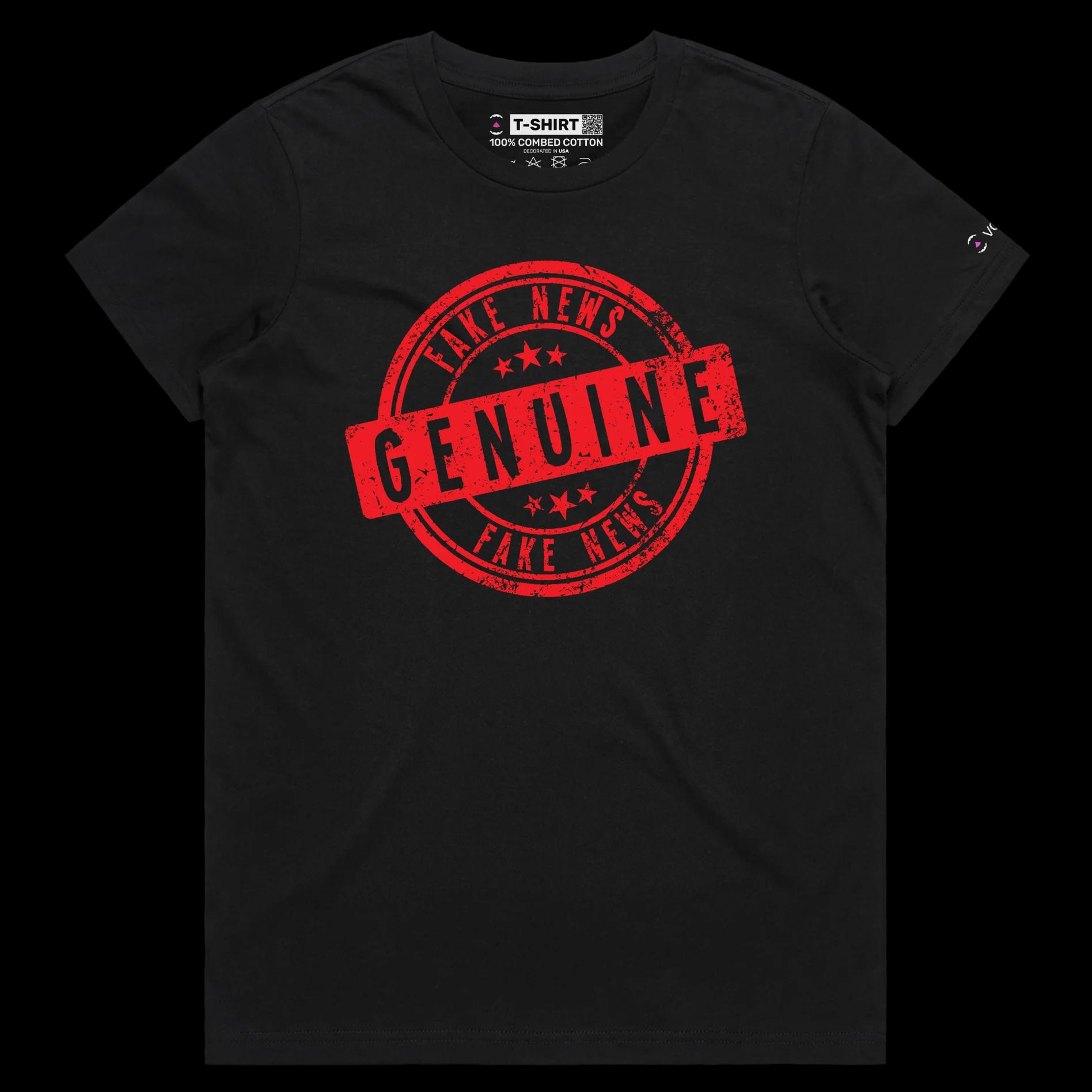 VOICEART Black Female Regular Genuine Fake News Stamp Funny shirt Premium Quality Design Social Media Issues Wordplay Tee