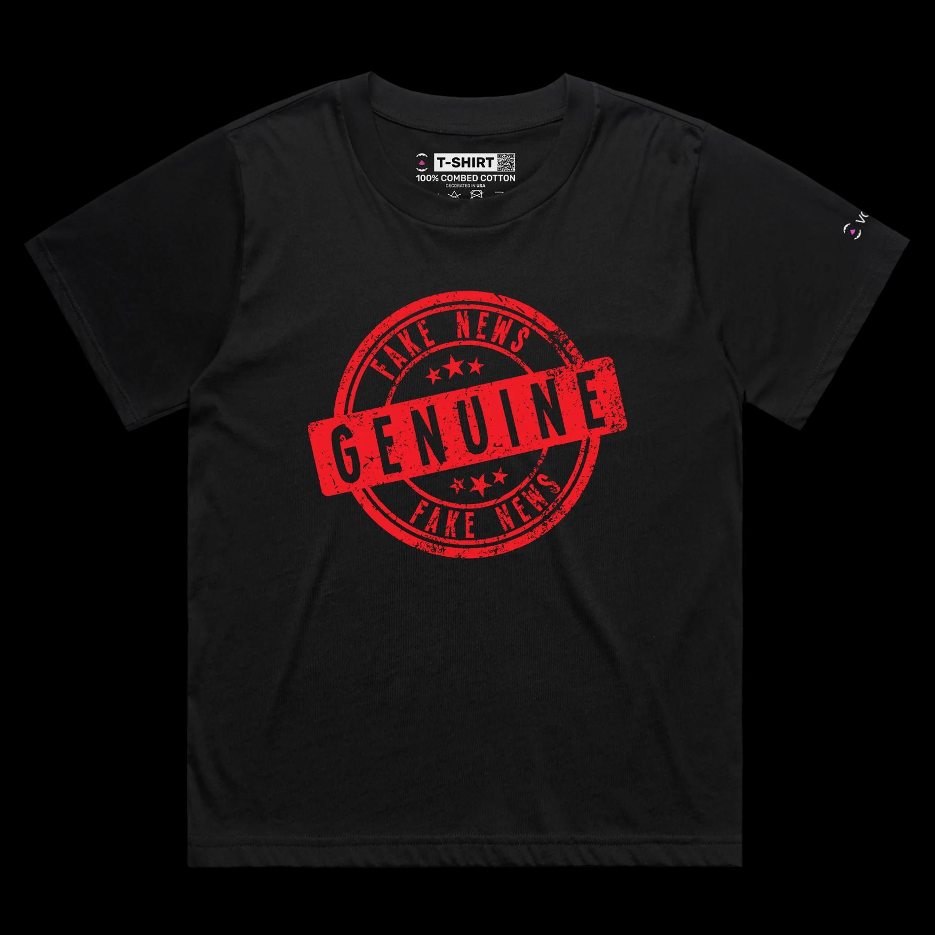 VOICEART Black Female Loose Genuine Fake News Stamp Funny shirt Premium Quality Design Social Media Issues Wordplay Tee