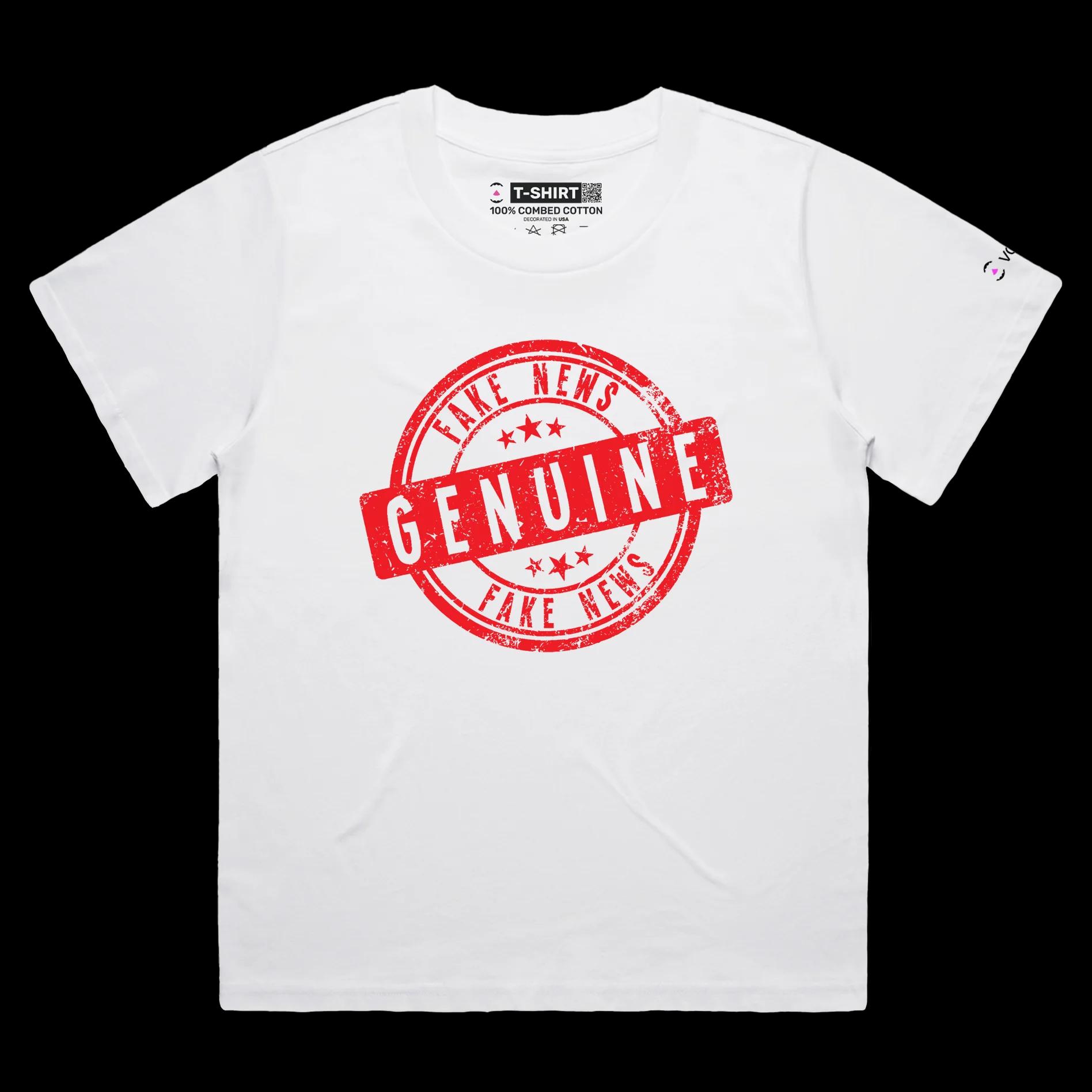VOICEART White Female Loose Genuine Fake News Stamp Funny shirt Premium Quality Design Social Media Issues Wordplay Tee