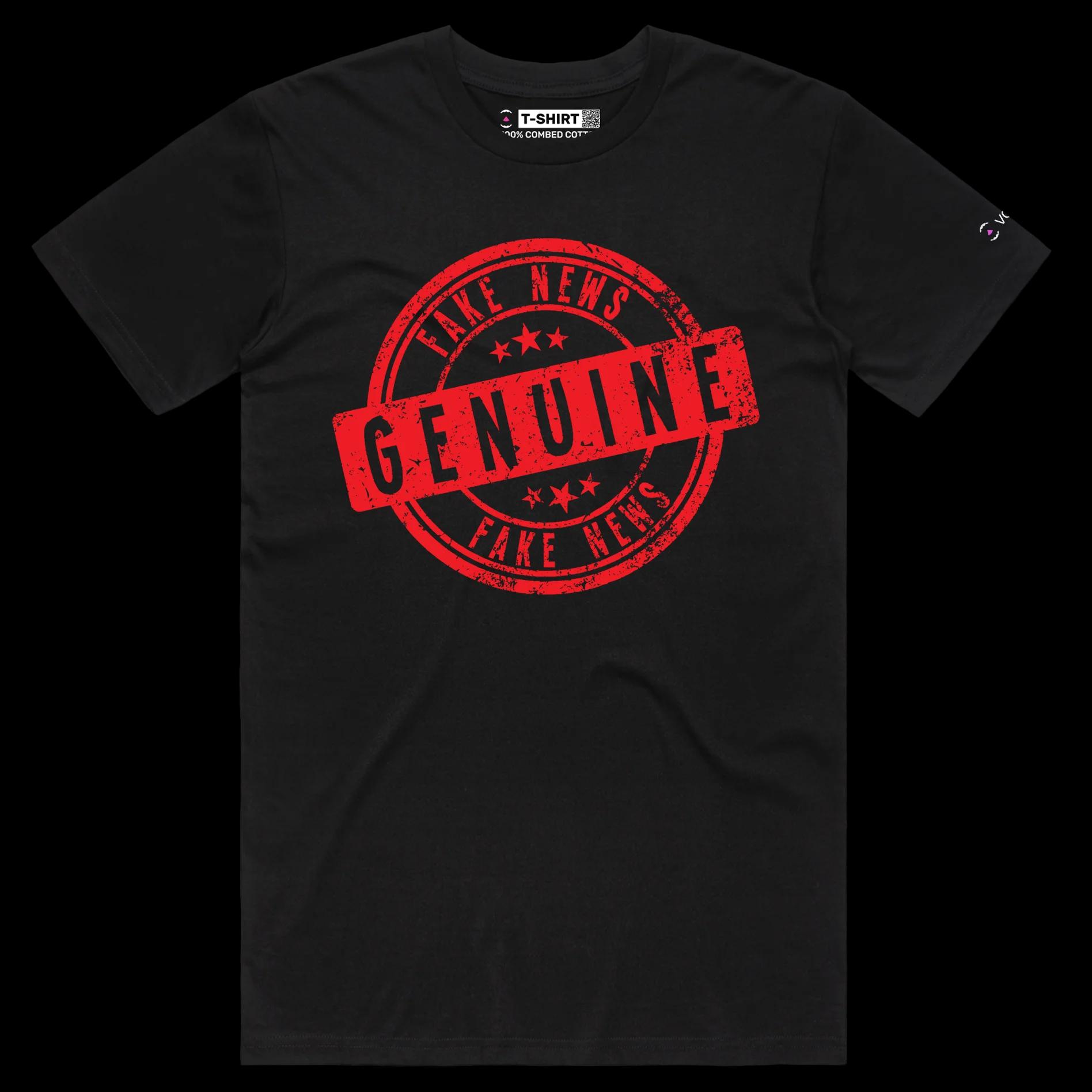 VOICEART Black Male Regular Genuine Fake News Stamp Funny shirt Premium Quality Design Social Media Issues Wordplay Tee