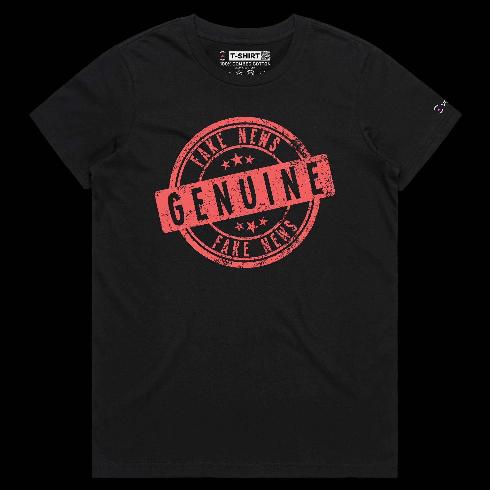 VOICEART Black Female Regular Genuine Fake News Stamp Funny shirt Premium Quality Design Social Media Issues Wordplay Tee