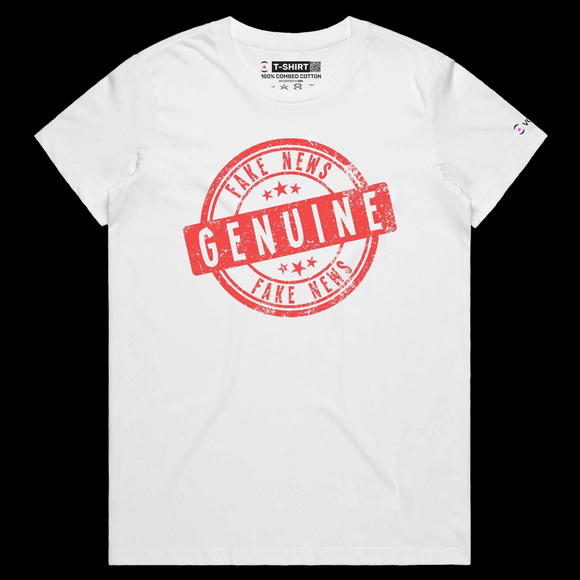 VOICEART White Female Regular Genuine Fake News Stamp Funny shirt Premium Quality Design Social Media Issues Wordplay Tee