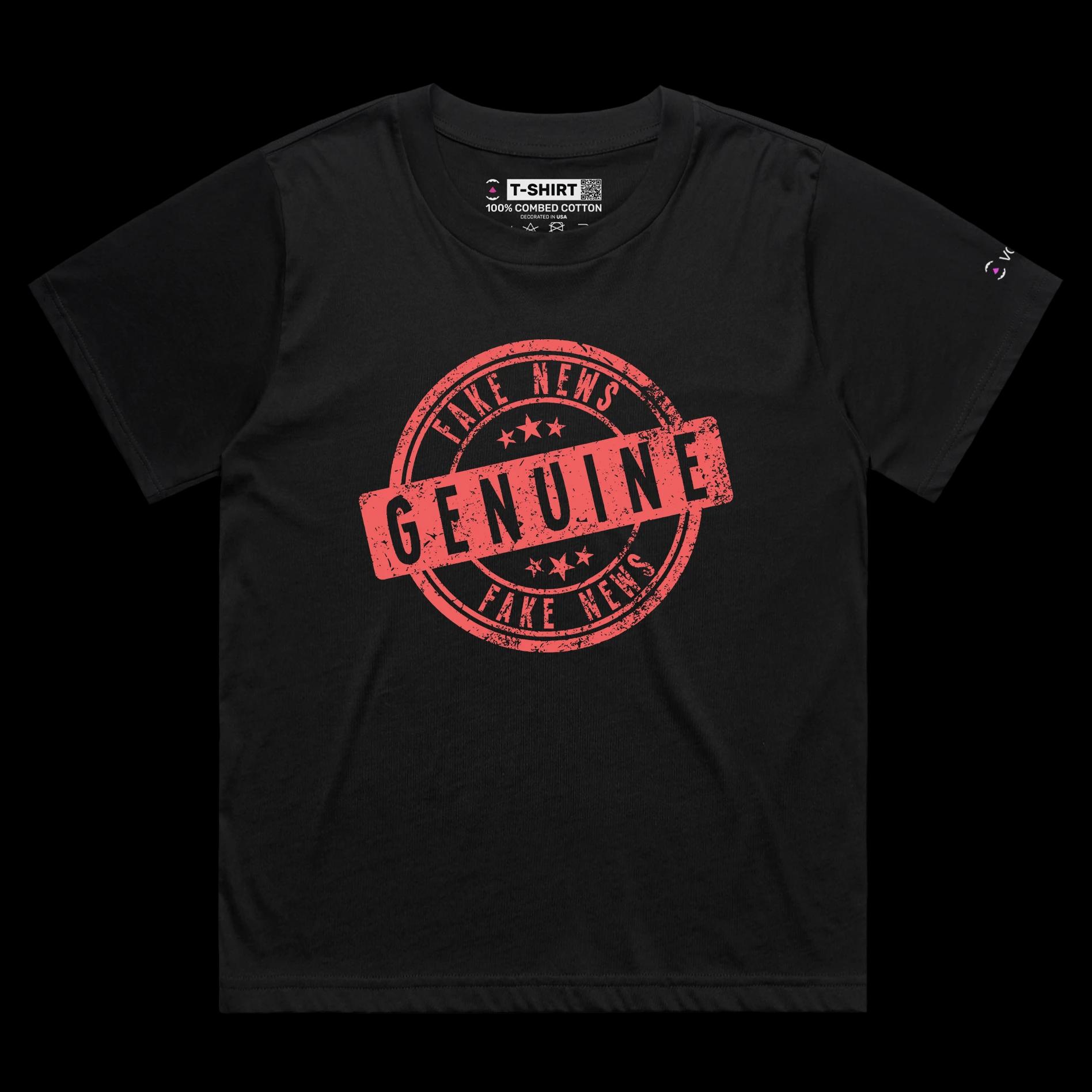 VOICEART Black Female Loose Genuine Fake News Stamp Funny shirt Premium Quality Design Social Media Issues Wordplay Tee