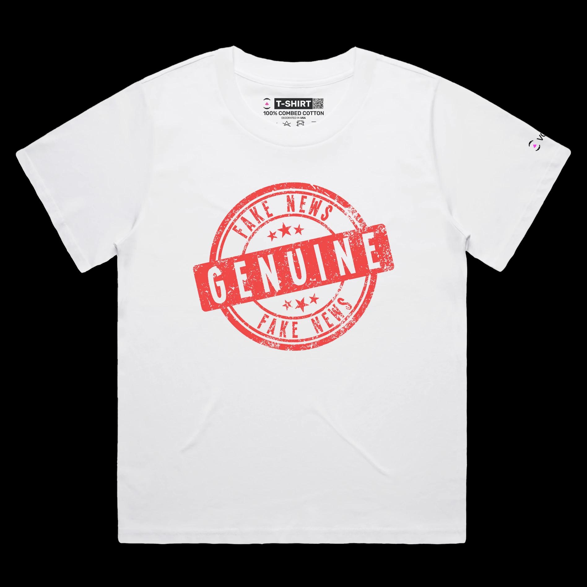 VOICEART White Female Loose Genuine Fake News Stamp Funny shirt Premium Quality Design Social Media Issues Wordplay Tee
