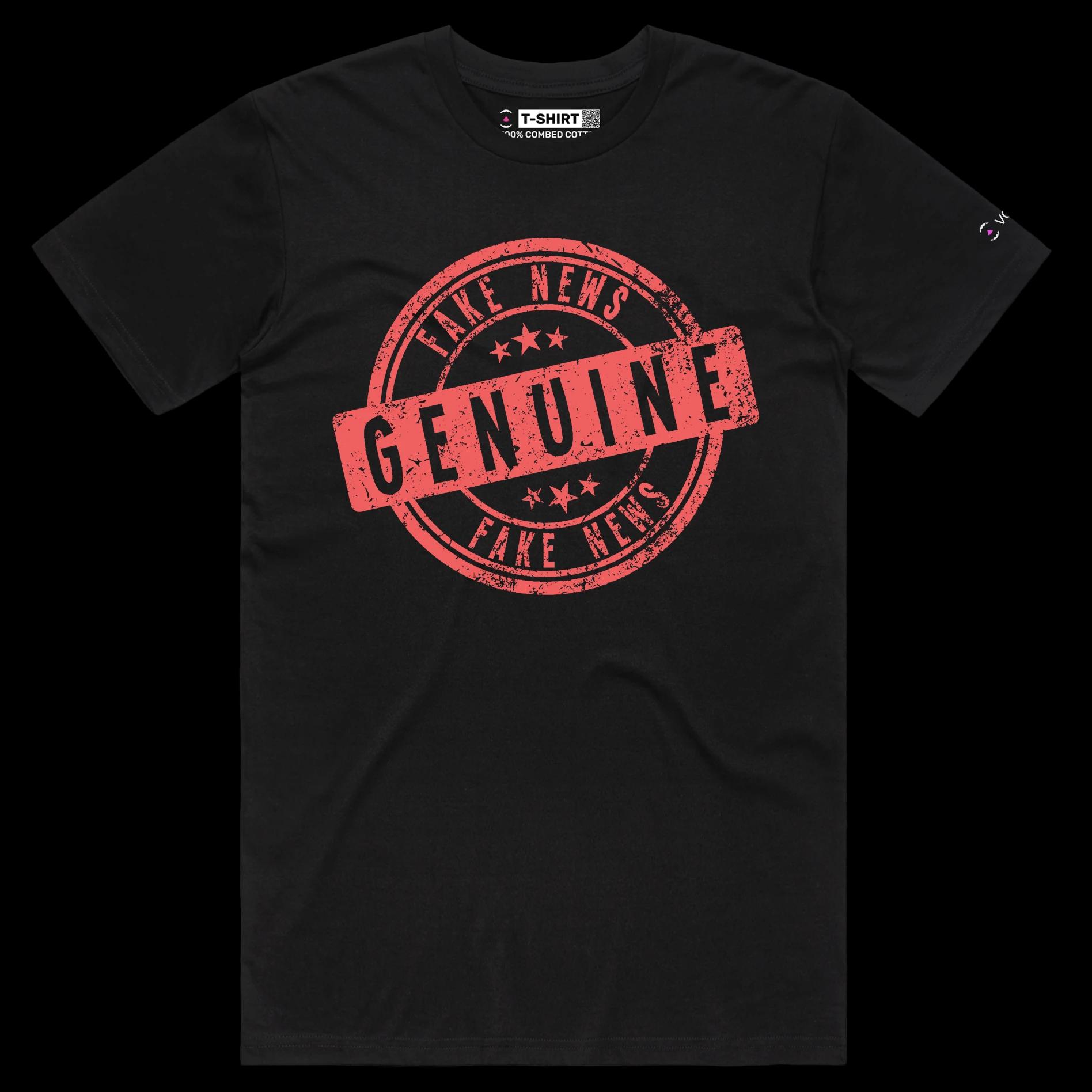 VOICEART Black Male Regular Genuine Fake News Stamp Funny shirt Premium Quality Design Social Media Issues Wordplay Tee