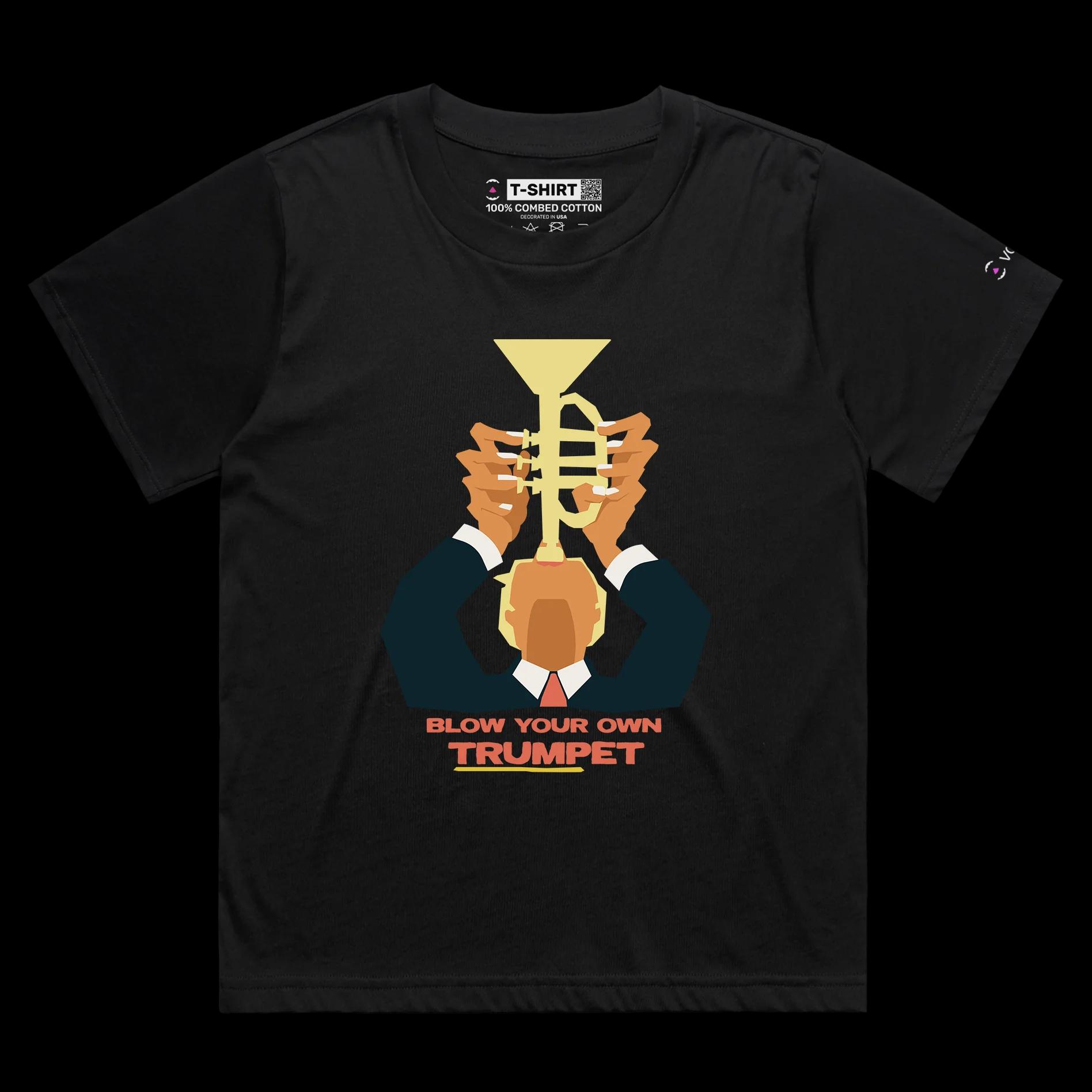 VOICEART Black Female Loose President Donald Trump with Trumpet Political shirt Premium Graphic Funny Wordplay Design Tee