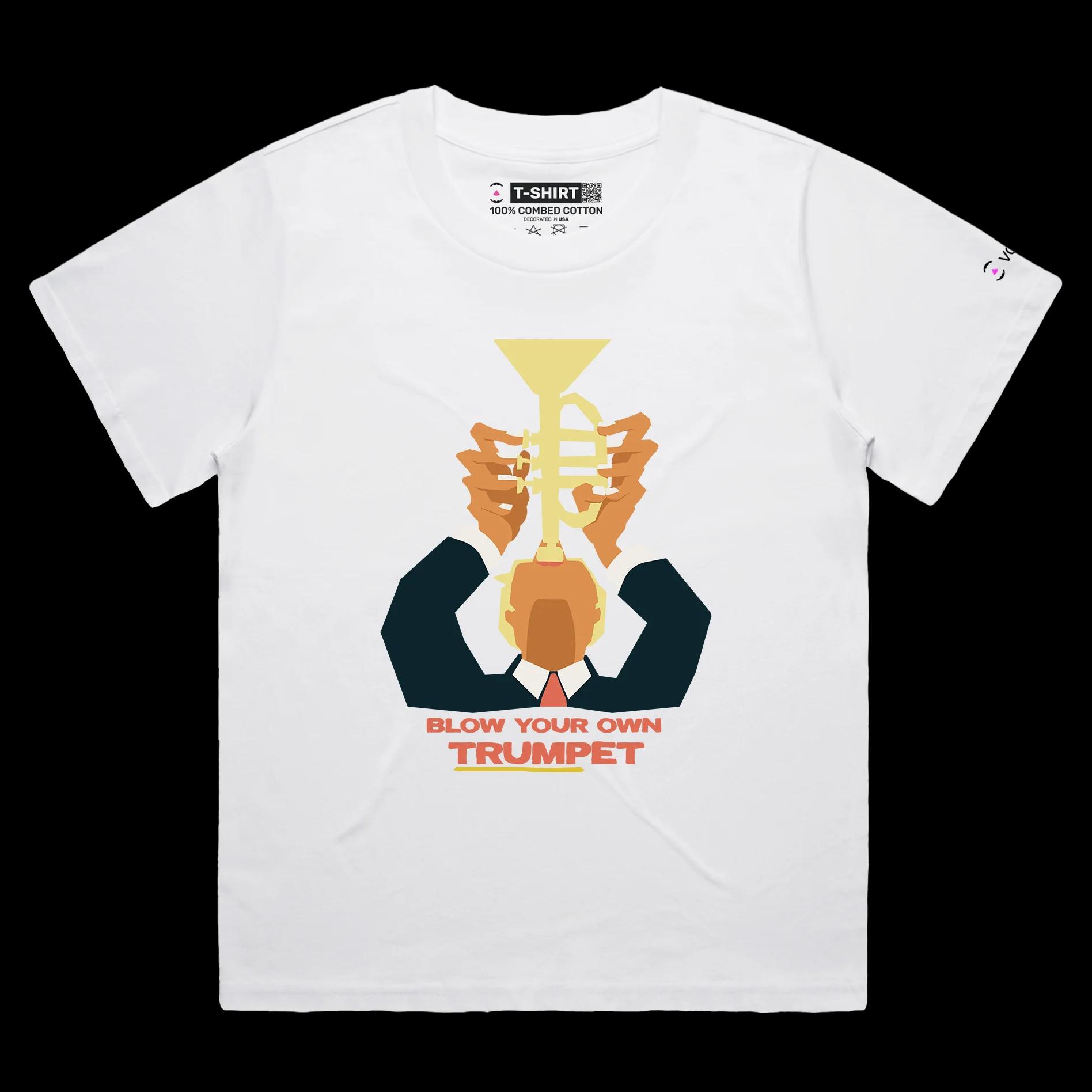VOICEART White Female Loose President Donald Trump with Trumpet Political shirt Premium Graphic Funny Wordplay Design Tee