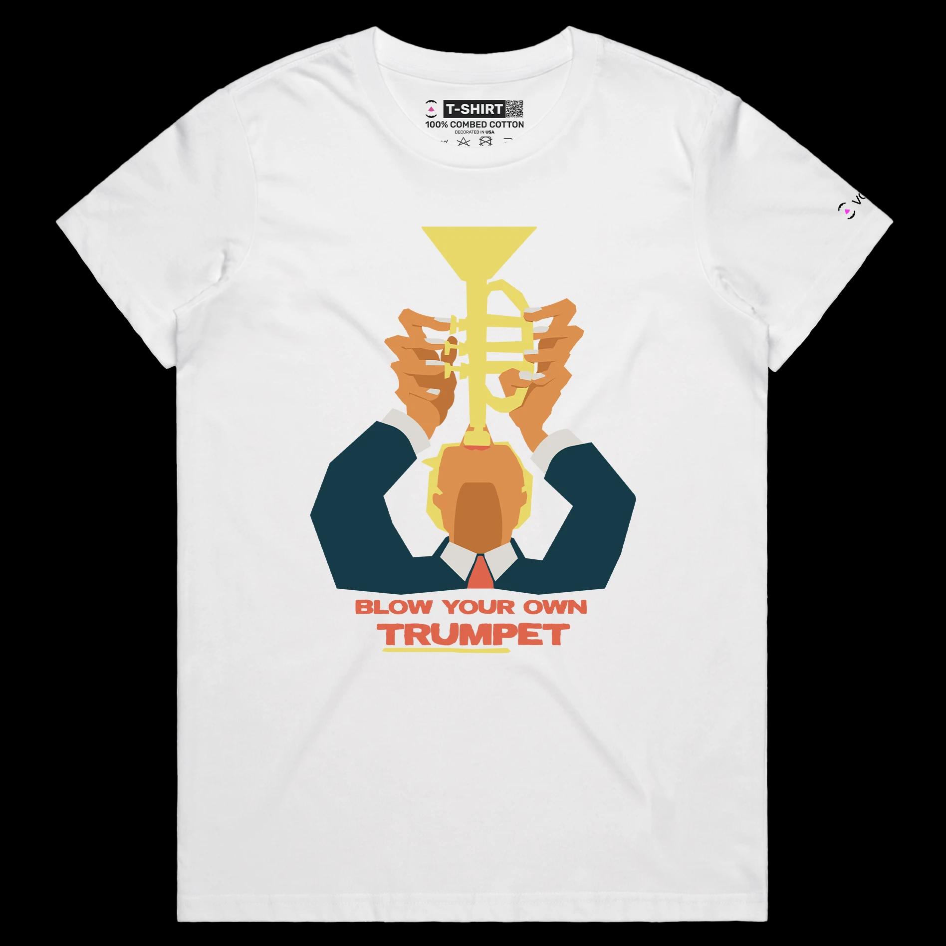 VOICEART White Female Regular President Donald Trump with Trumpet Political shirt Premium Graphic Funny Wordplay Design Tee