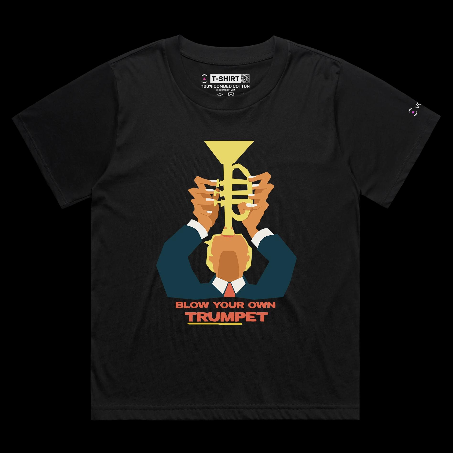 VOICEART Black Female Loose President Donald Trump with Trumpet Political shirt Premium Graphic Funny Wordplay Design Tee