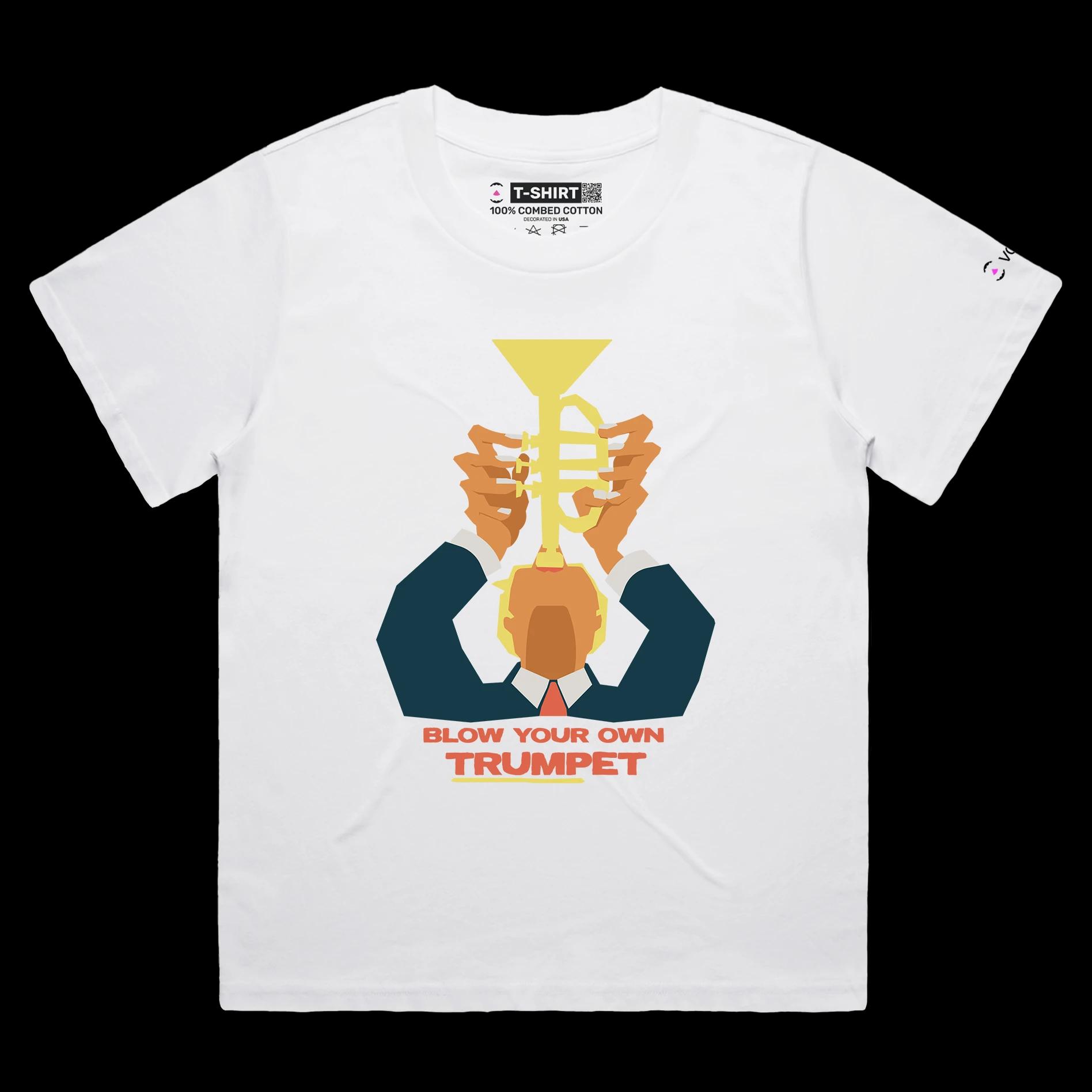 VOICEART White Female Loose President Donald Trump with Trumpet Political shirt Premium Graphic Funny Wordplay Design Tee