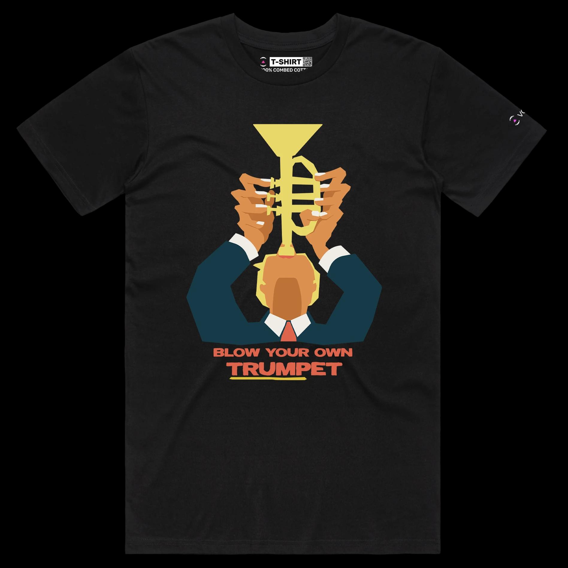 VOICEART Black Male Regular President Donald Trump with Trumpet Political shirt Premium Graphic Funny Wordplay Design Tee