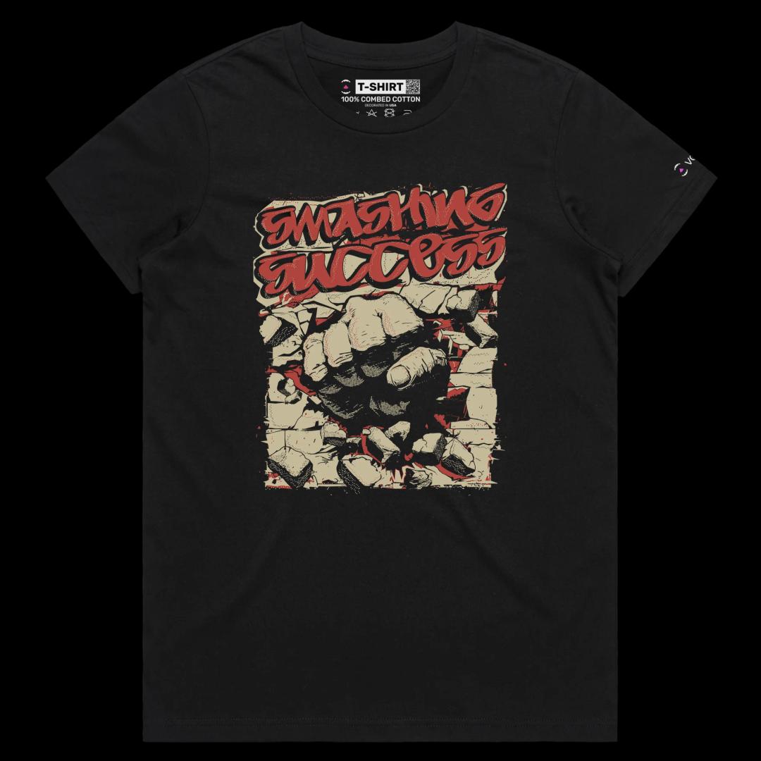 VOICEART Black Female Regular Brass Knuckle Through the Wall Motivational shirt Premium Graphic Smashing Success Wordplay Tee