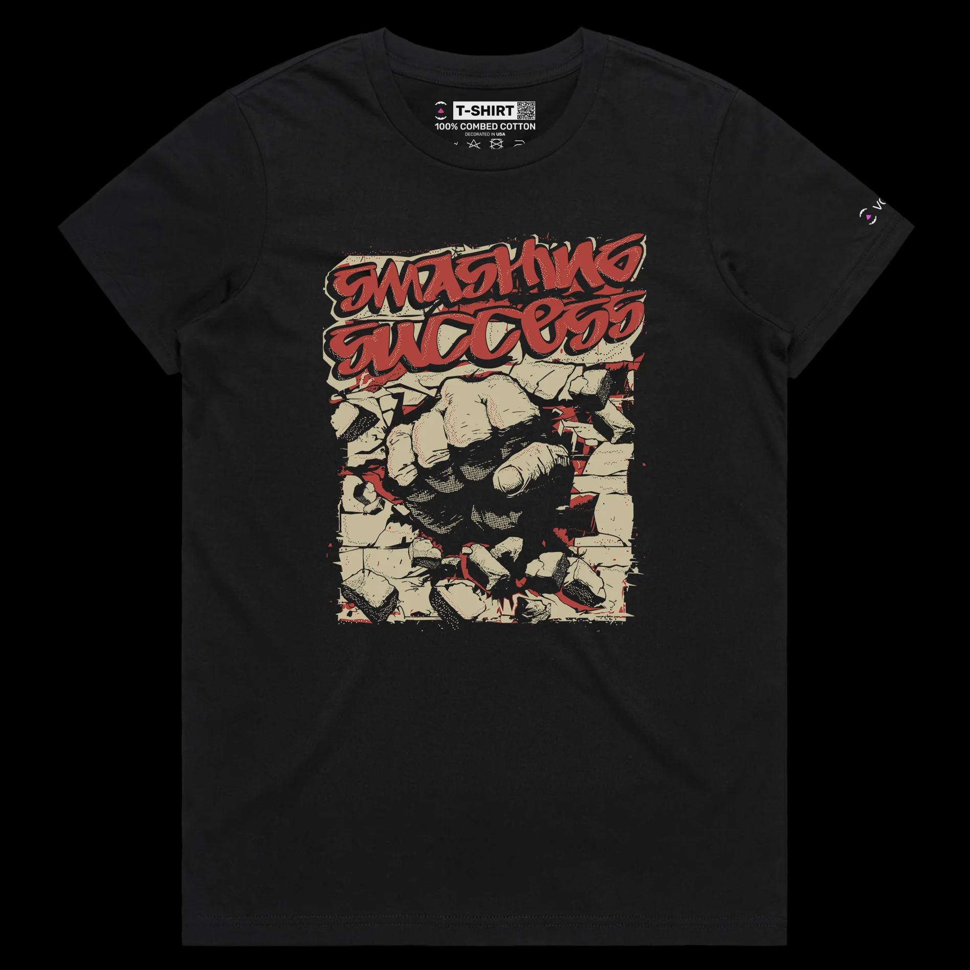 VOICEART Black Female Regular Brass Knuckle Through the Wall Motivational shirt Premium Graphic Smashing Success Wordplay Tee