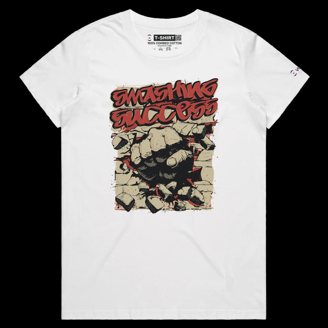 VOICEART White Female Regular Brass Knuckle Through the Wall Motivational shirt Premium Graphic Smashing Success Wordplay Tee