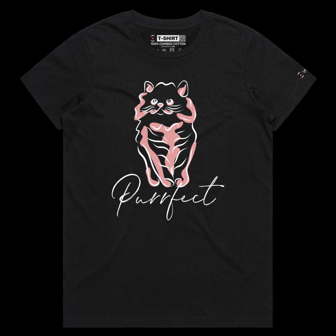 VOICEART Black Female Regular Funny and Cute Cat Animals tshirt Premium Quality Graphic Purrfect Wordplay Tee Pet Owners