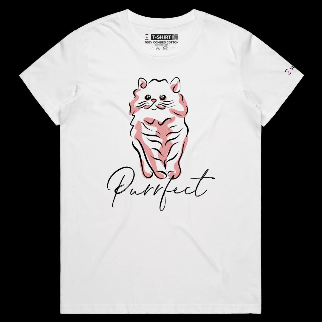 VOICEART White Female Regular Funny and Cute Cat Animals tshirt Premium Quality Graphic Purrfect Wordplay Tee Pet Owners