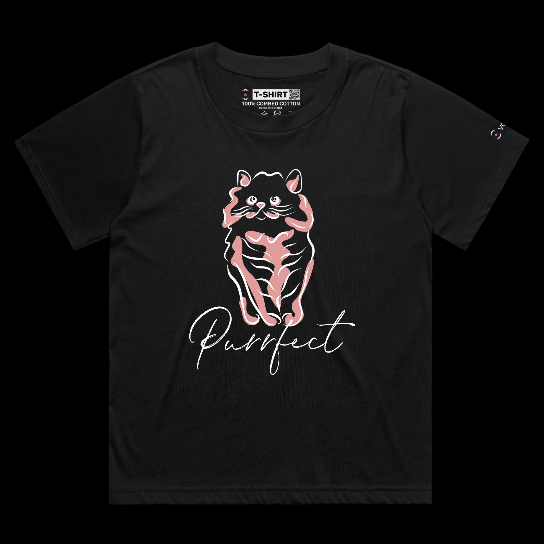 VOICEART Black Female Loose Funny and Cute Cat Animals tshirt Premium Quality Graphic Purrfect Wordplay Tee Pet Owners