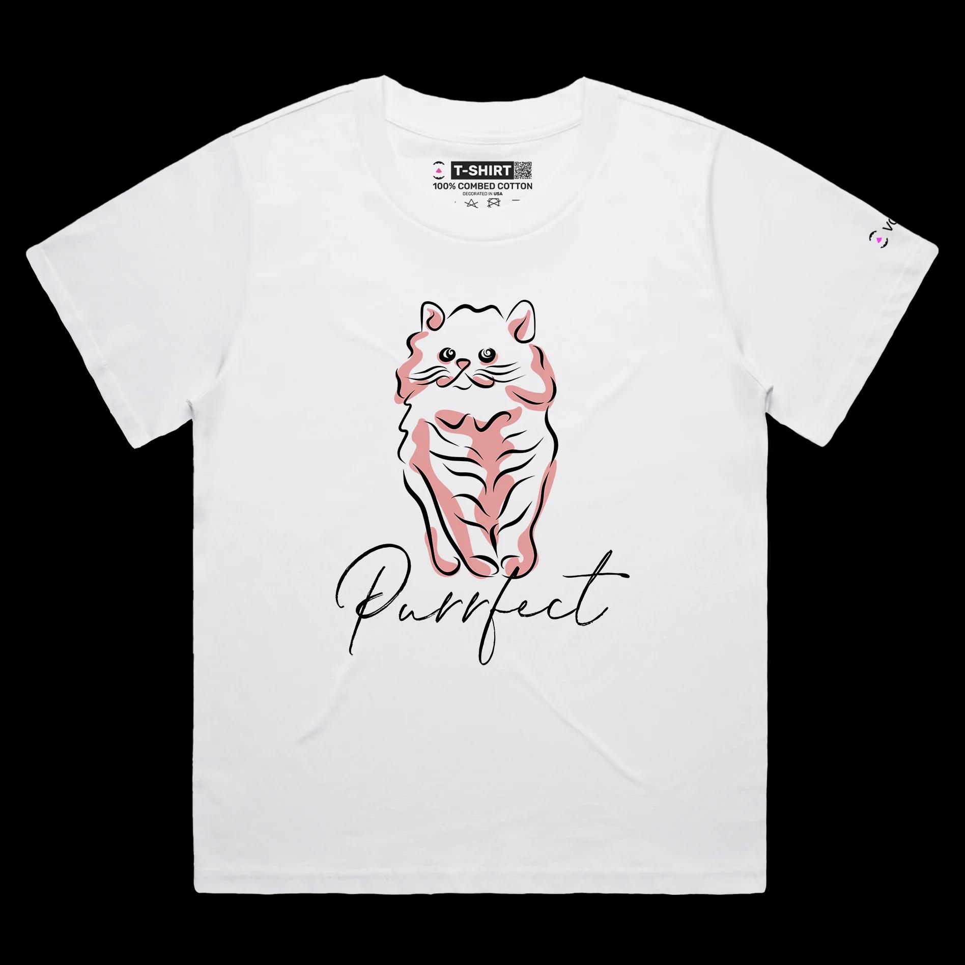VOICEART White Female Loose Funny and Cute Cat Animals tshirt Premium Quality Graphic Purrfect Wordplay Tee Pet Owners