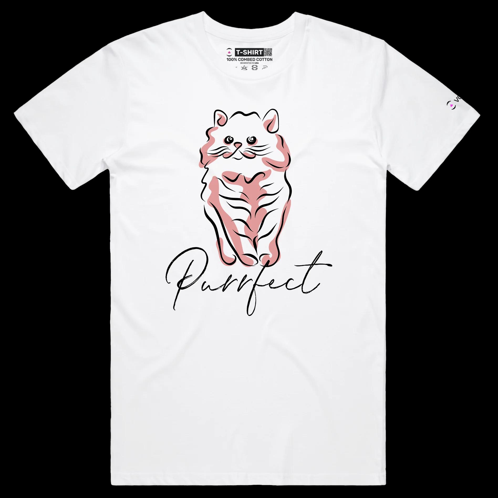 VOICEART White Male Regular Funny and Cute Cat Animals tshirt Premium Quality Graphic Purrfect Wordplay Tee Pet Owners