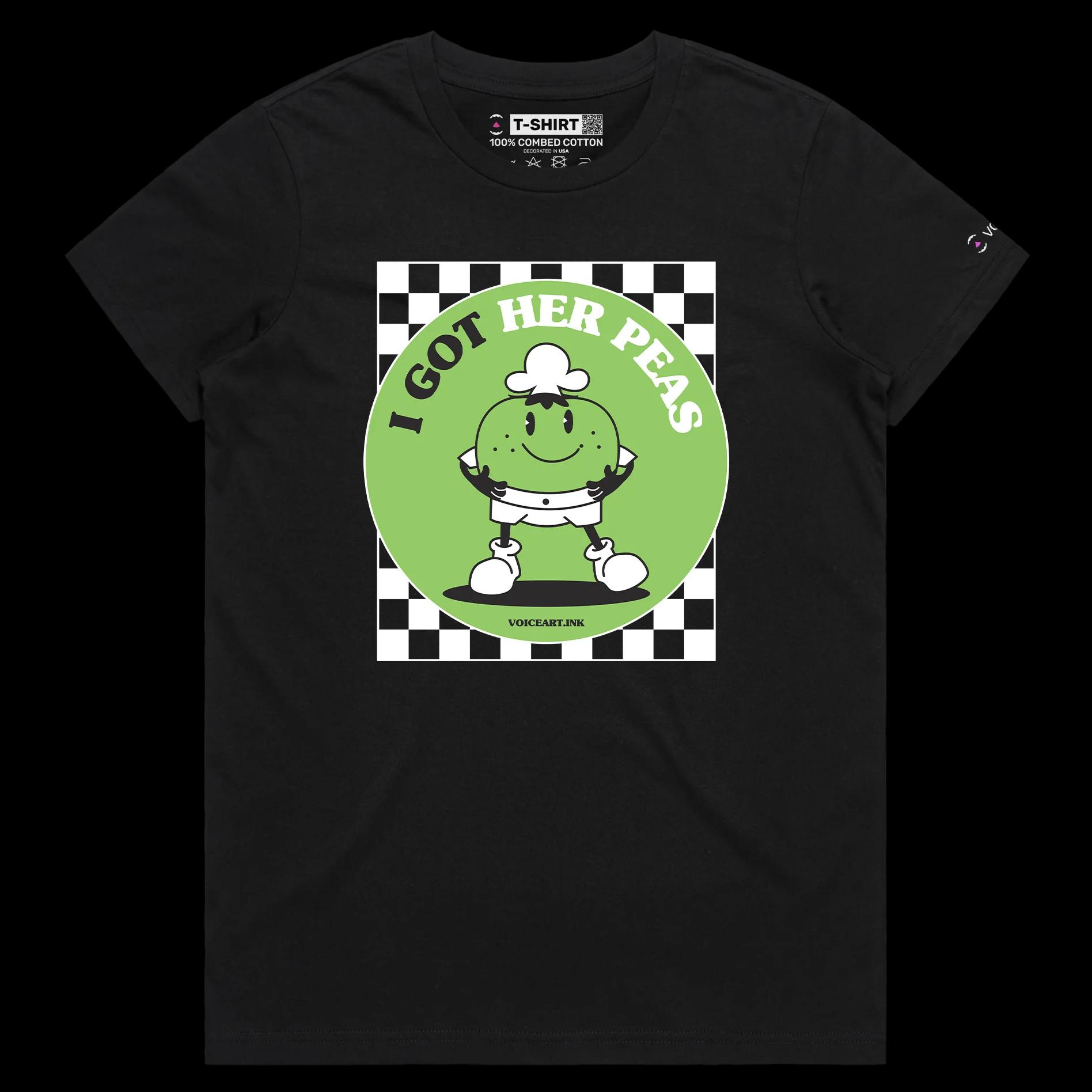 VOICEART Black Female Regular Chef Peas Funny T-Shirt Premium Quality Graphic Design STD Vegetables with Play on Words Tee