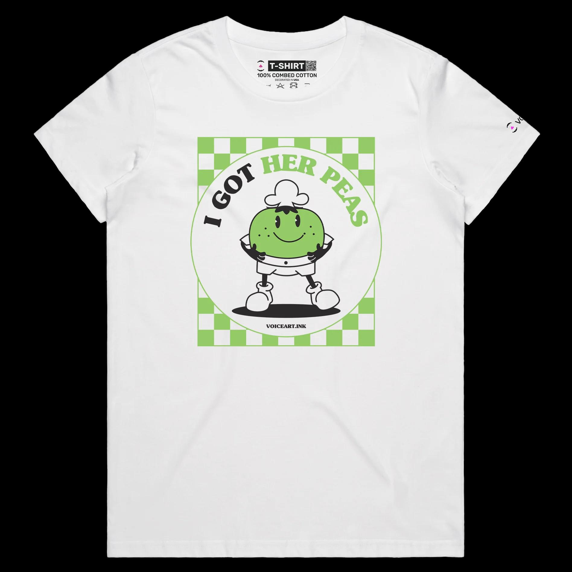 VOICEART White Female Regular Chef Peas Funny T-Shirt Premium Quality Graphic Design STD Vegetables with Play on Words Tee
