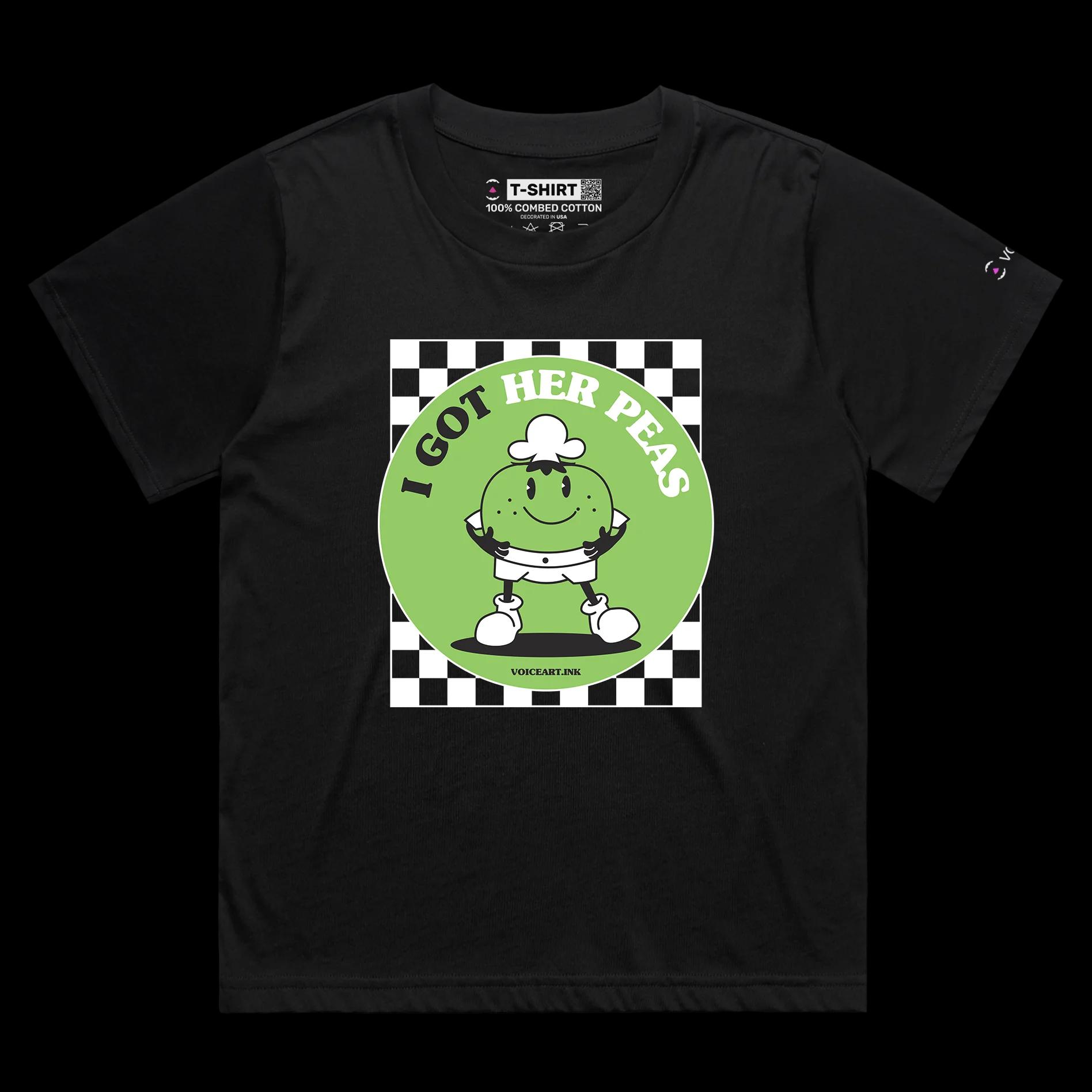 VOICEART Black Female Loose Chef Peas Funny T-Shirt Premium Quality Graphic Design STD Vegetables with Play on Words Tee