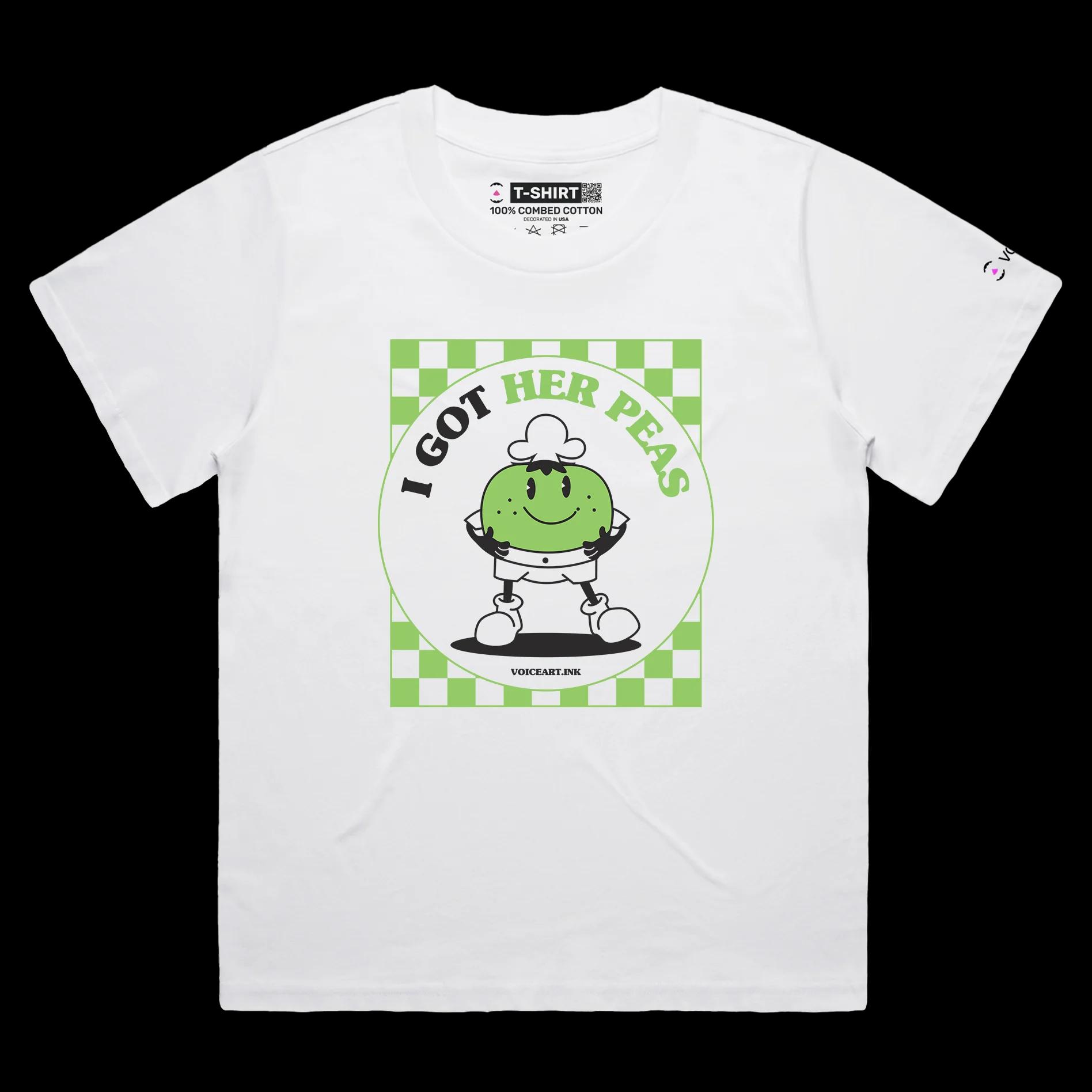 VOICEART White Female Loose Chef Peas Funny T-Shirt Premium Quality Graphic Design STD Vegetables with Play on Words Tee