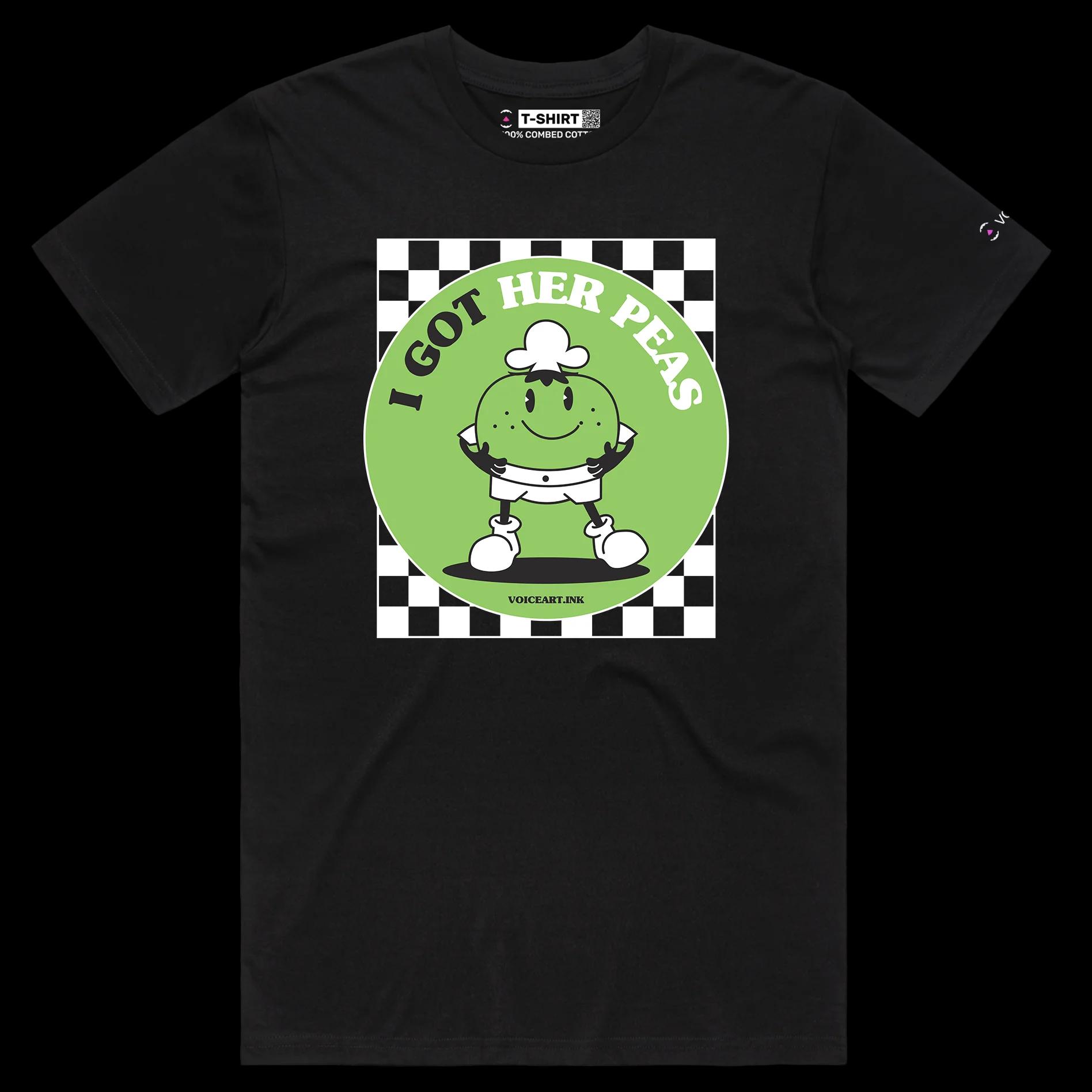 VOICEART Black Male Regular Chef Peas Funny T-Shirt Premium Quality Graphic Design STD Vegetables with Play on Words Tee
