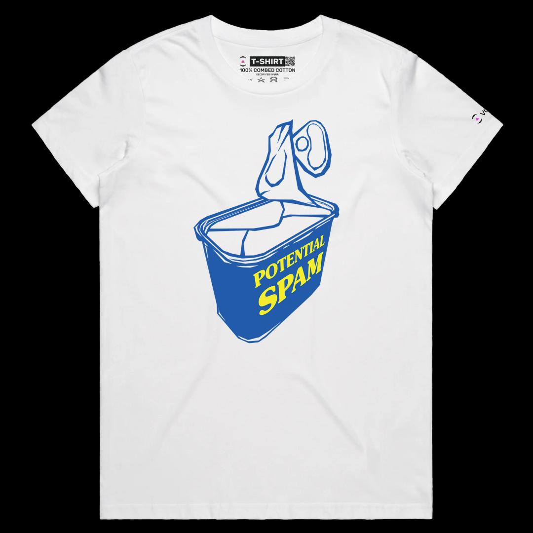 VOICEART White Female Regular Food Spam Funny T-shirt Premium Quality Graphic Design Processed Ham or a Can of Worms Tee