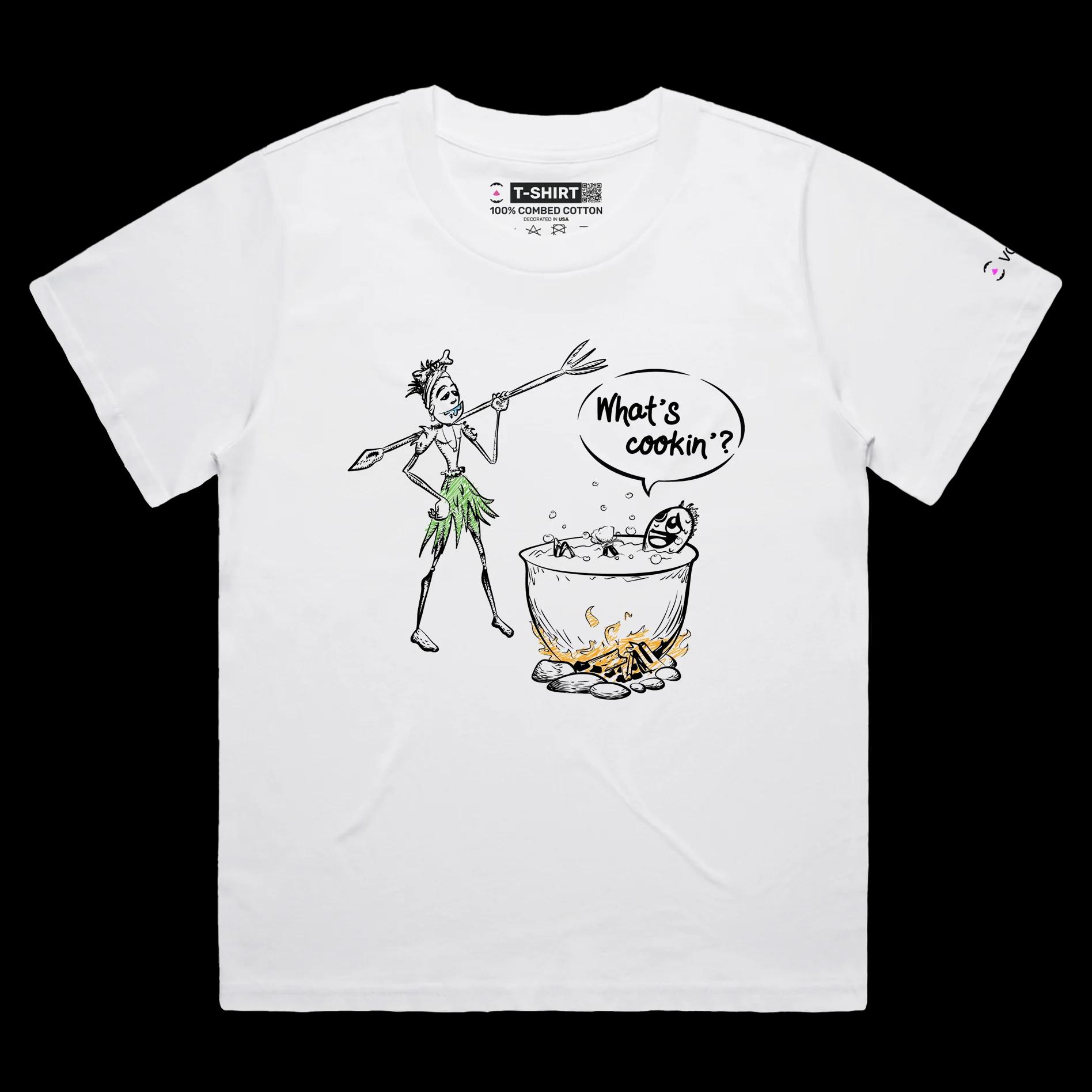 VOICEART White Female Loose Cannibal Cooking Human Funny T-shirt with Premium Graphic for Men and Women