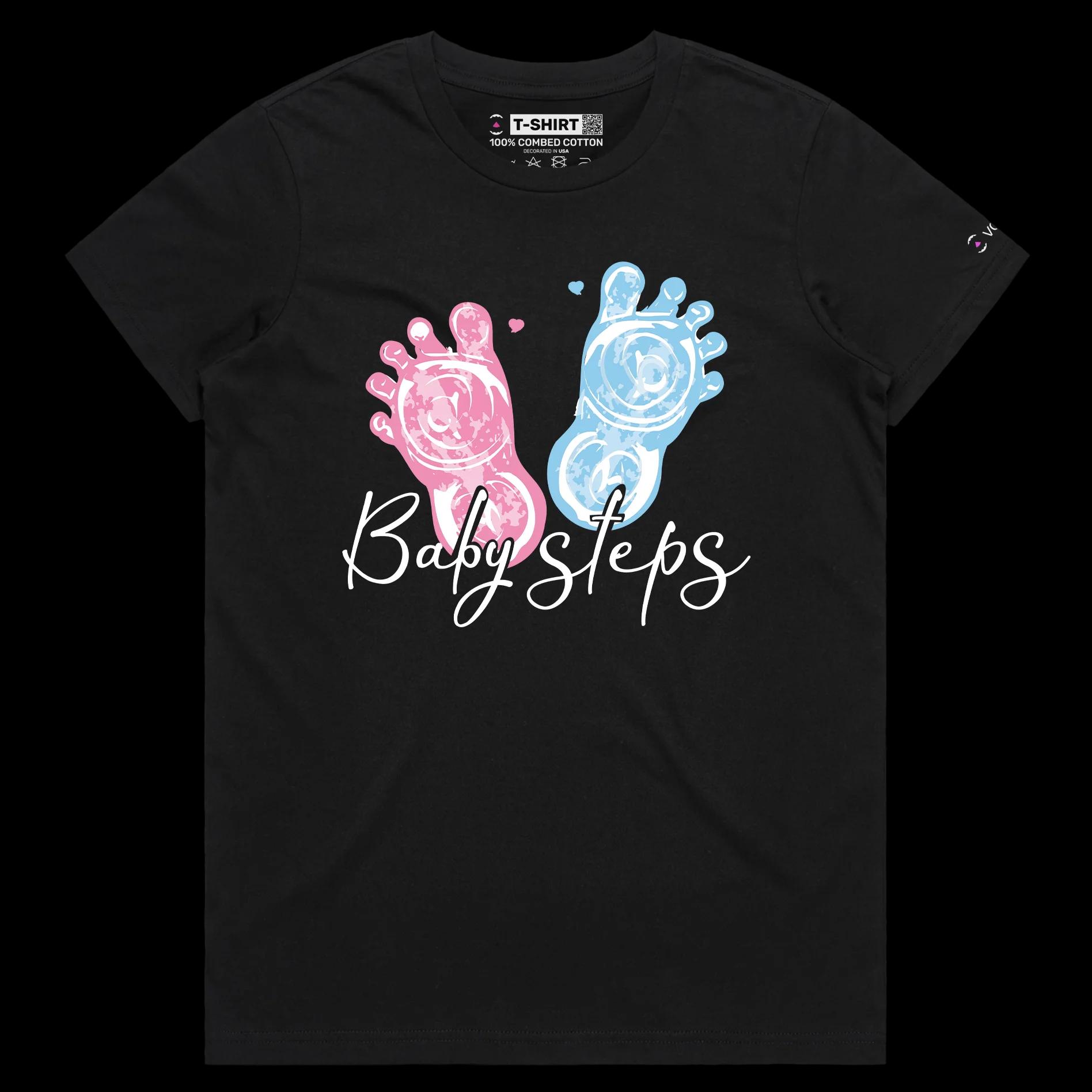 VOICEART Black Female Regular Baby Steps Funny Motivational shirt Little Baby Footprints Premium Quality Globe Held By Hands
