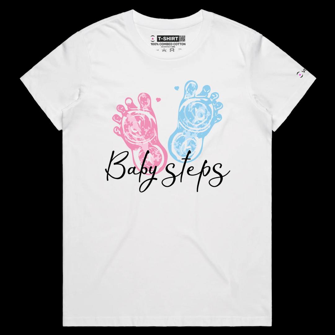VOICEART White Female Regular Baby Steps Funny Motivational shirt Little Baby Footprints Premium Quality Globe Held By Hands