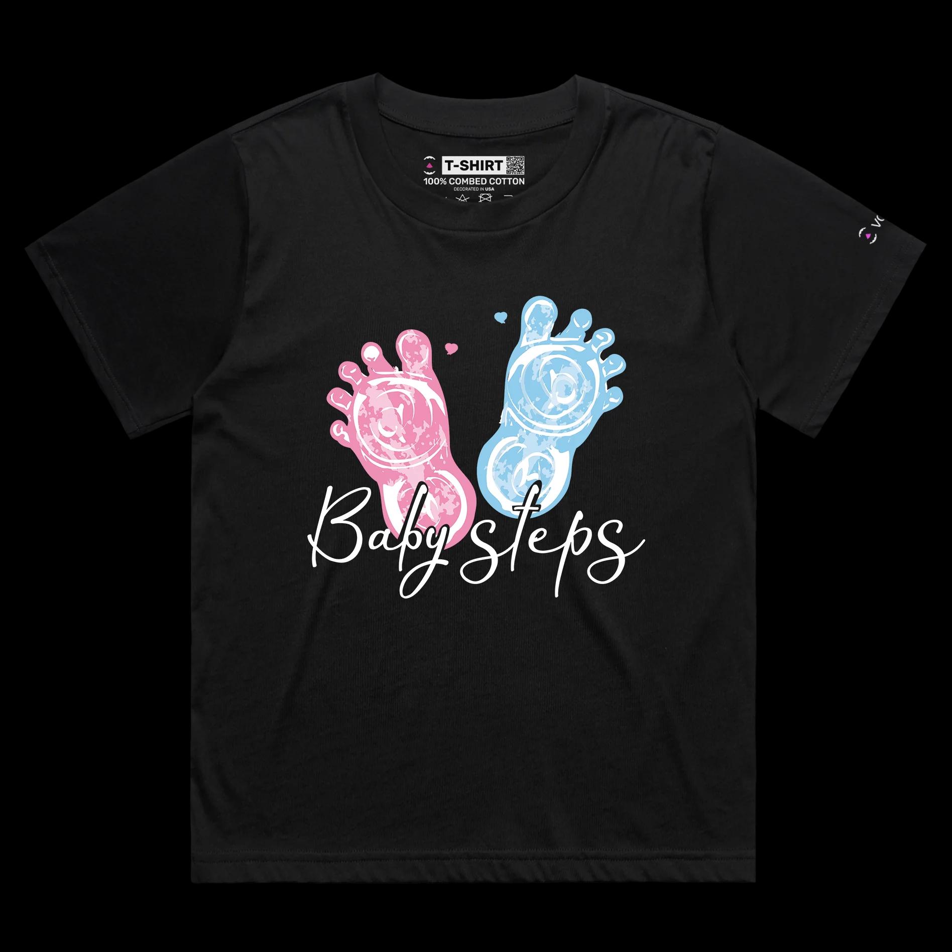 VOICEART Black Female Loose Baby Steps Funny Motivational shirt Little Baby Footprints Premium Quality Globe Held By Hands