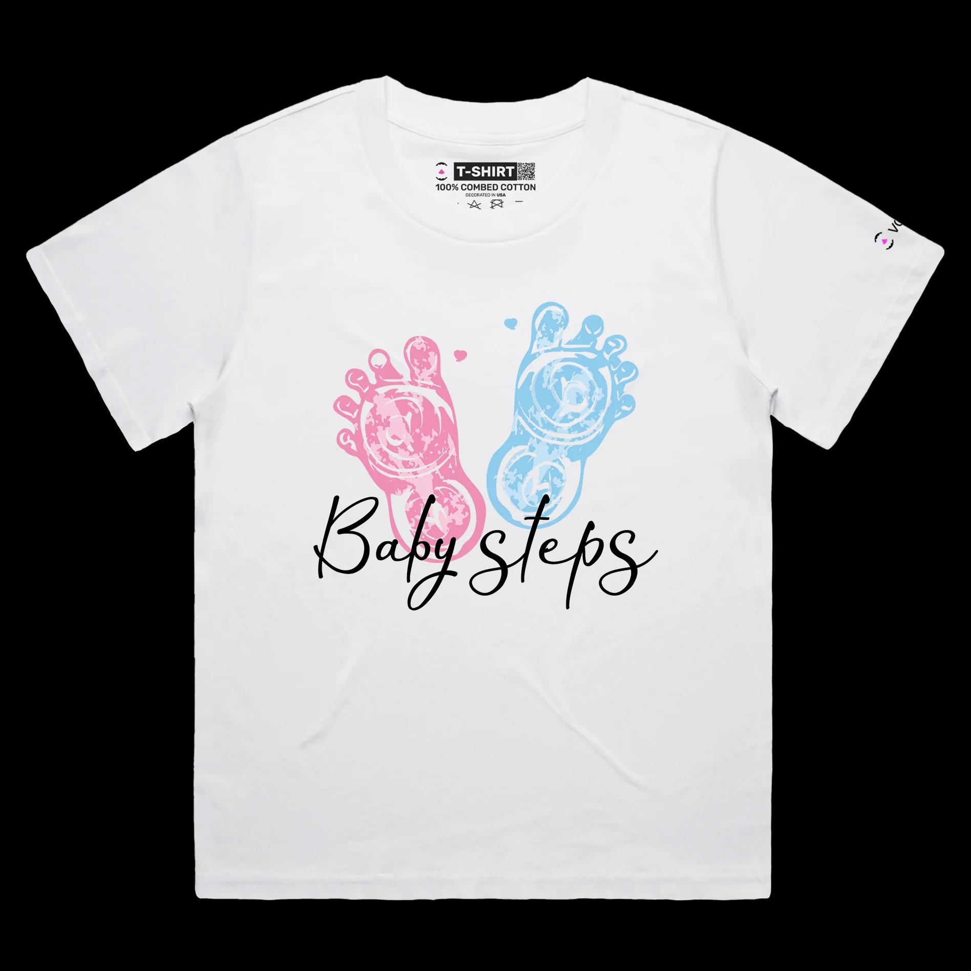 VOICEART White Female Loose Baby Steps Funny Motivational shirt Little Baby Footprints Premium Quality Globe Held By Hands