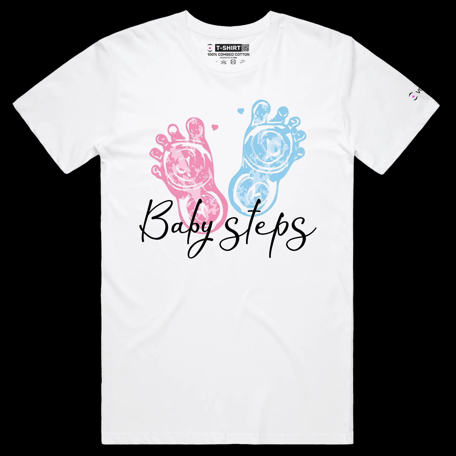 VOICEART White Male Regular Baby Steps Funny Motivational shirt Little Baby Footprints Premium Quality Globe Held By Hands