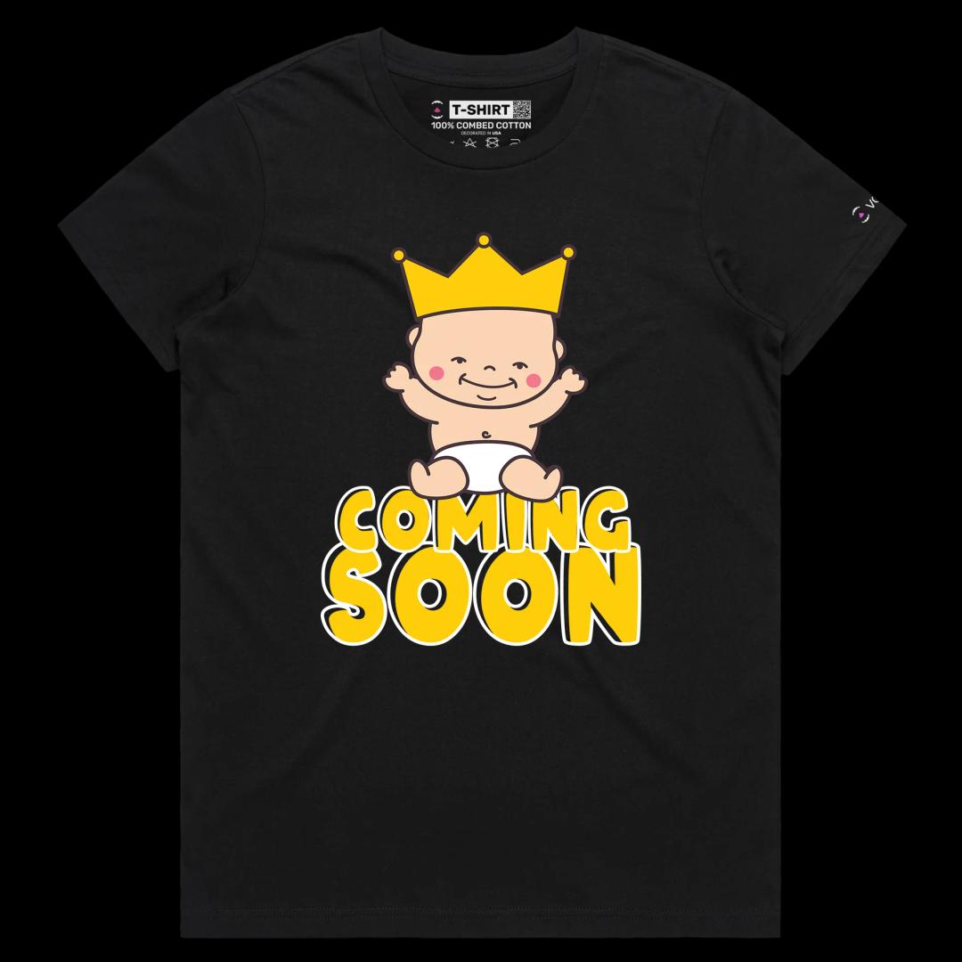 VOICEART Black Female Regular Baby Coming Soon Funny T-Shirt Premium Quality Graphic Design Child with Crown on its Head Tee