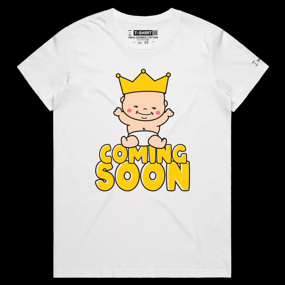 VOICEART White Female Regular Baby Coming Soon Funny T-Shirt Premium Quality Graphic Design Child with Crown on its Head Tee
