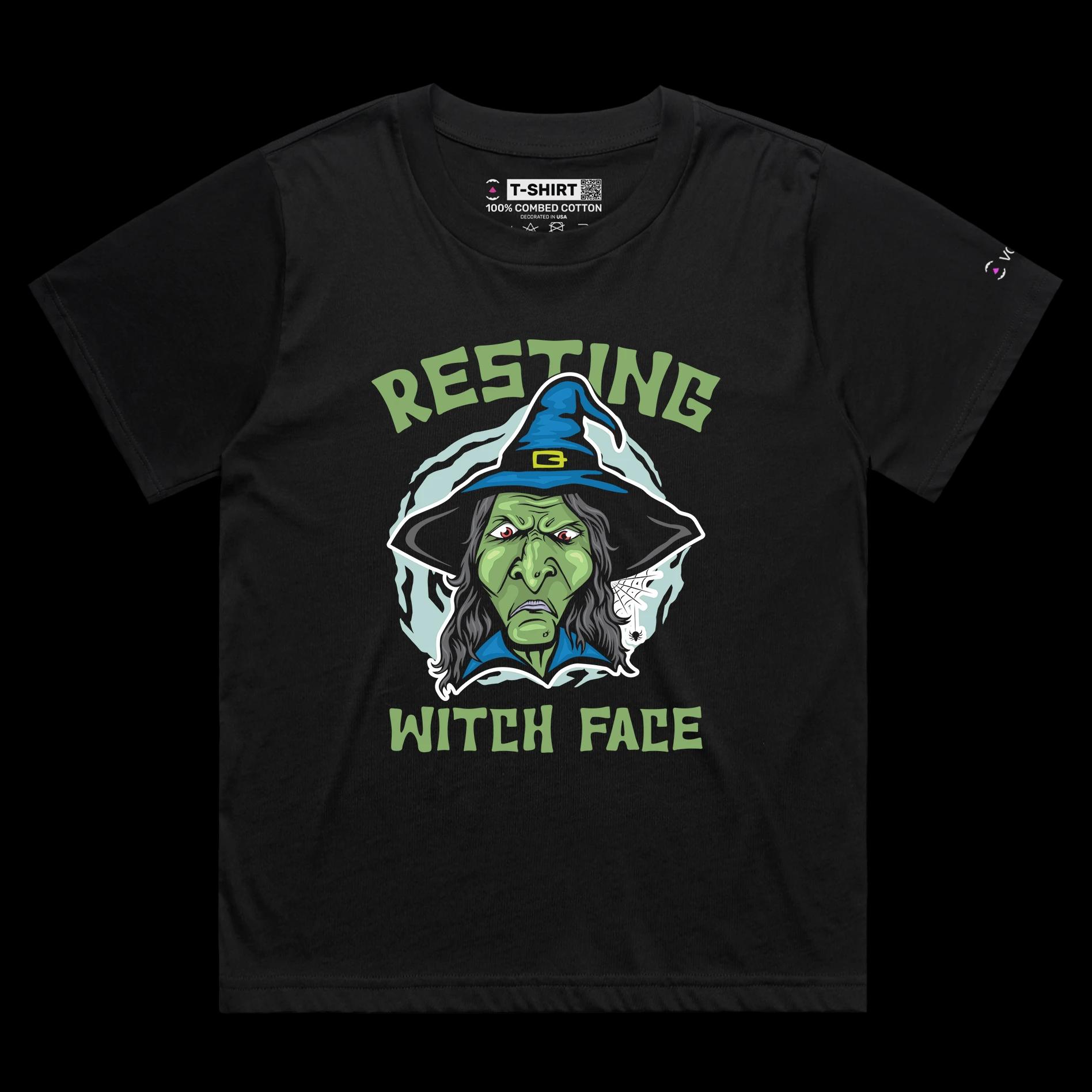 VOICEART Black Female Loose Resting Witch Funny T-Shirt Premium Quality Graphic Design Scary Face Expression Tee Wordplay