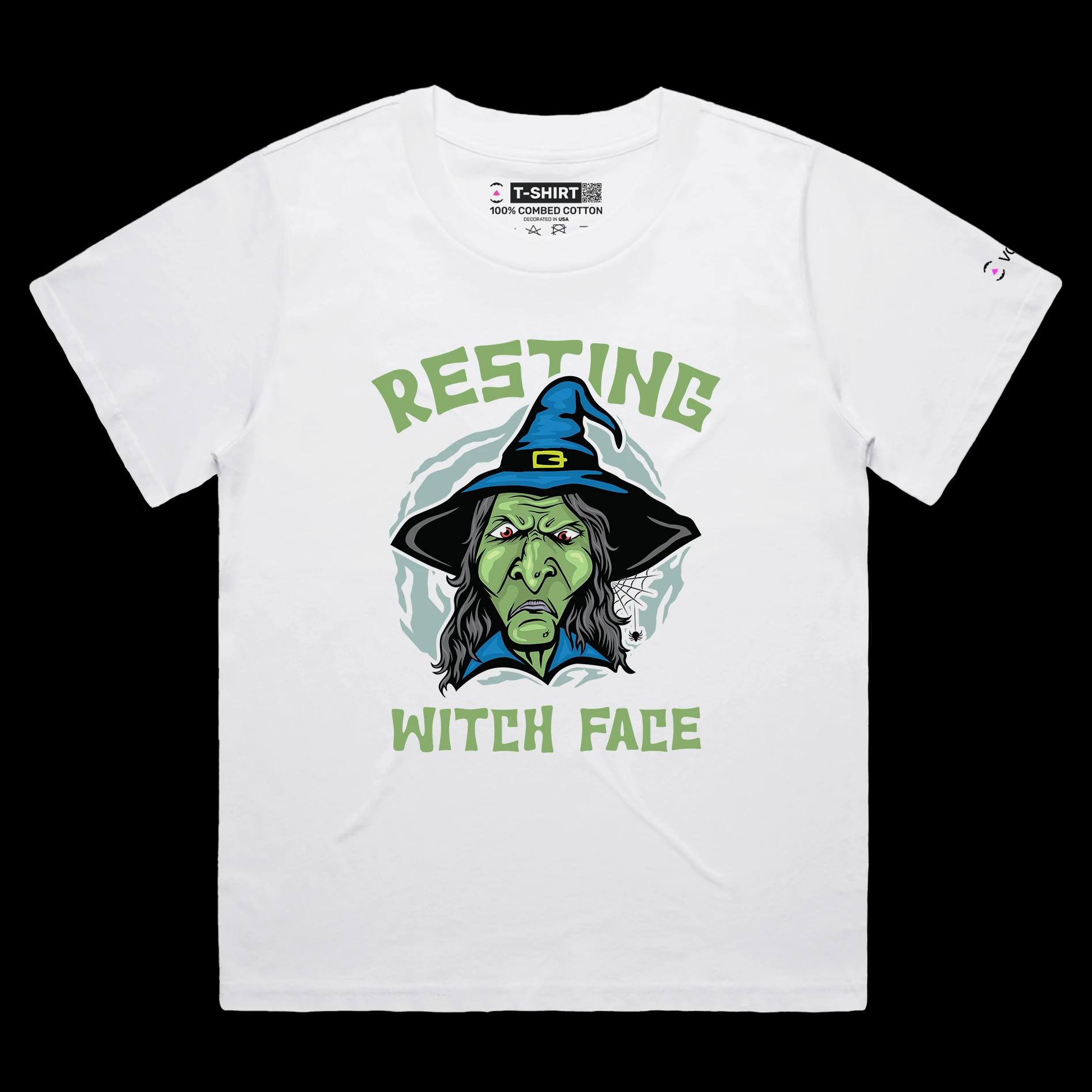 VOICEART White Female Loose Resting Witch Funny T-Shirt Premium Quality Graphic Design Scary Face Expression Tee Wordplay